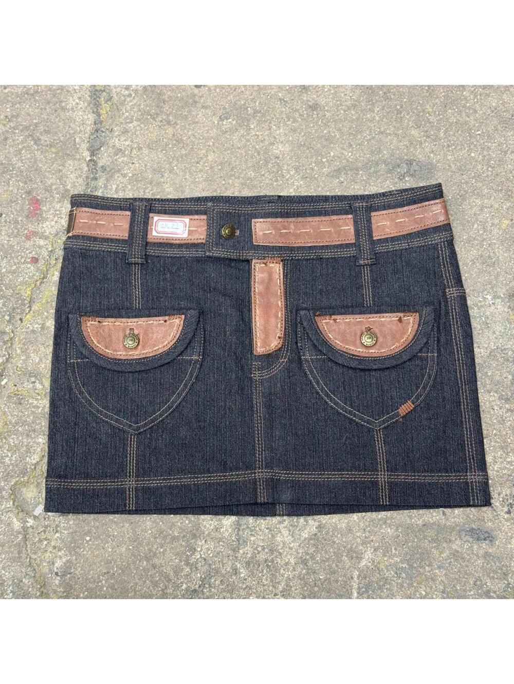 Y2K Vintage Jorya Archival Leather-Trimmed Denim Micro Mini Skirt